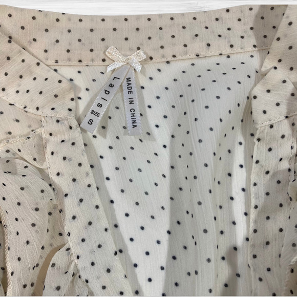 Lapis SMALL Blouse Sheer Ruffled Cream w/ Black Polkadot Button Up Shirt Top - Picture 5 of 6